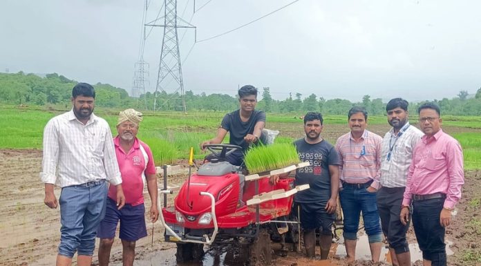 दळवटणे येथे यंत्राद्वारे भात लागवडीचा यशस्वी प्रयोग