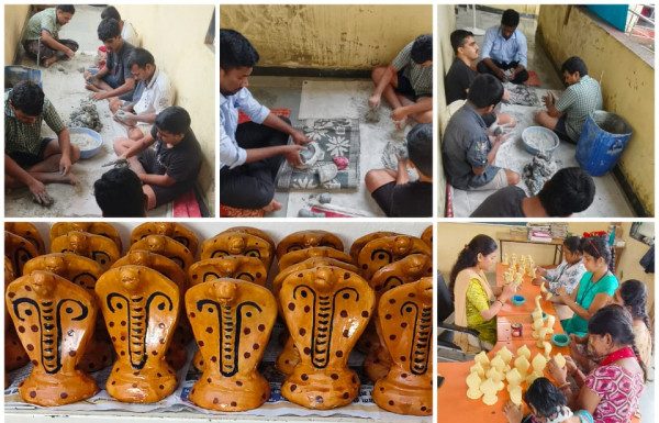 दिव्यांग विद्यार्थ्यांकडून नागपंचमीसाठी आकर्षक मातीचे नाग विक्रीसाठी; नागरिकांना खरेदीचे आवाहन