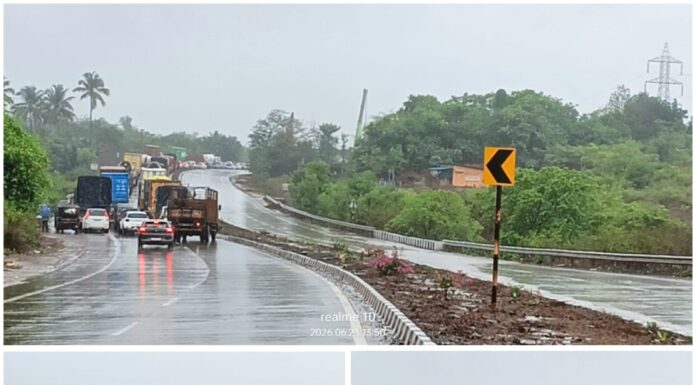 दाभीळजवळ गर्डर बसवण्यासाठी मुंबई-गोवा महामार्ग तासभर बंद; भर पावसात वाहनचालक आणि प्रवासी हैराण