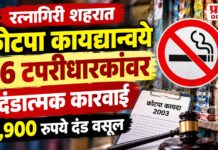 रत्नागिरीत कोटपा कायद्यान्वये १६ टपरीधारकांवर कारवाई; २,९०० रुपयांचा दंड वसूल