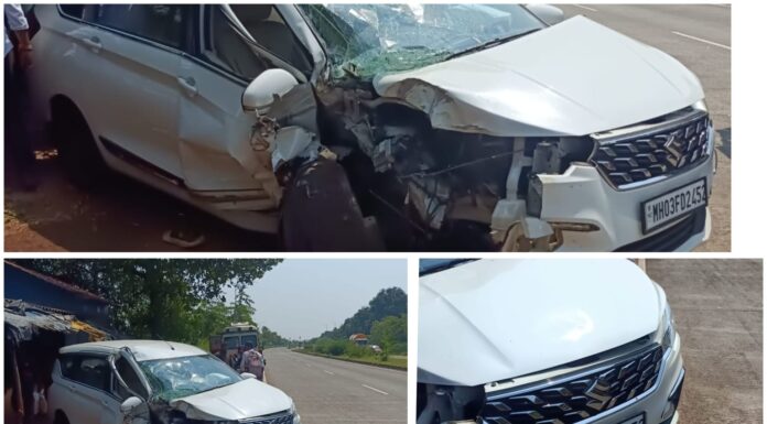 Breaking :मुंबई-गोवा महामार्गावर बोरघर येथे अर्टिगाची जेसीबीला जोरदार धडक; २२ वर्षीय युवक जखमी