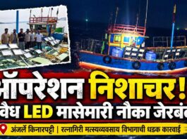 रत्नागिरी मत्स्यव्यवसाय विभागाची धडक कारवाई: ‘ऑपरेशन निशाचर’ अंतर्गत रायगडची अवैध एलईडी मासेमारी नौका जेरबंद